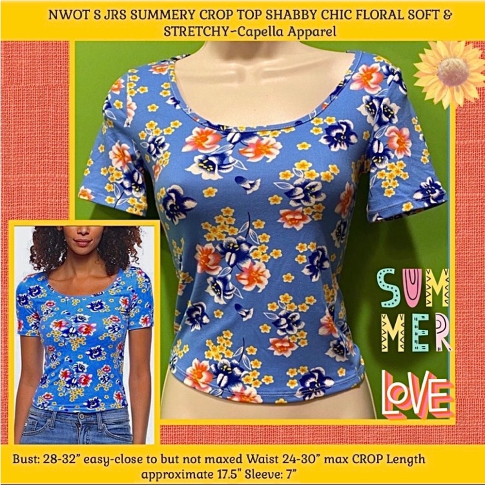 NWOT S JRS FLIRTY CROP TOP SHABBY CHIC FLORAL SOFT & STRETCHY~Capella Apparel